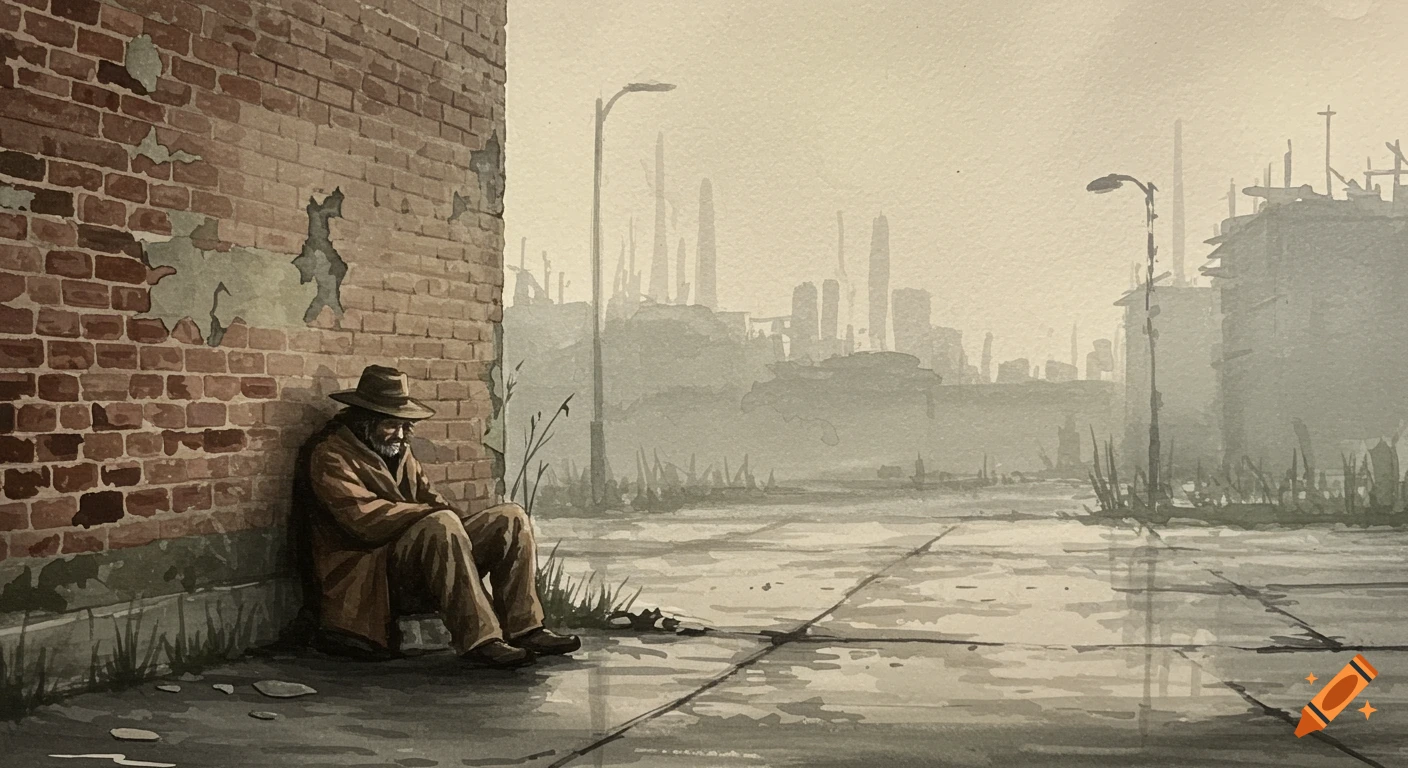 Gouache painting of a lone person in a hat and coat sitting against a brick wall in a desolate, foggy urban street.