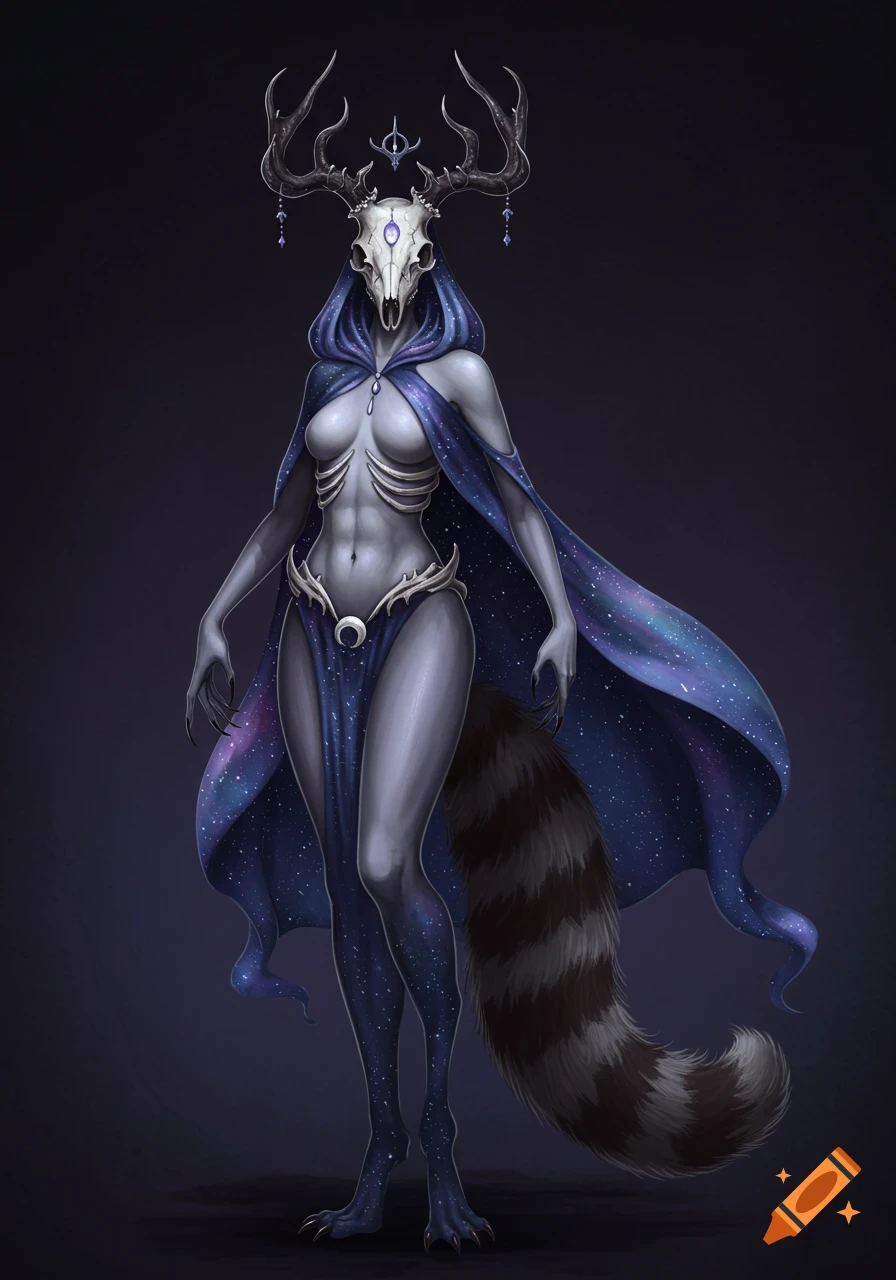 An elegant fantasy creature with a deer skull and antlers, a galaxy cloak, exposed ribs, clawed hands, and a fluffy raccoon tail.