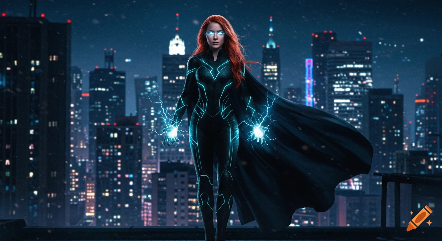 A red-haired female superhero in a black suit with glowing accents and cape stands on a city rooftop at night, emanating blue energy.