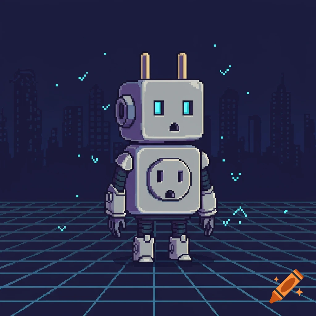 A pixel art robot with a power outlet for a face and electrical prongs for a head, standing on a grid with a city skyline in the background.