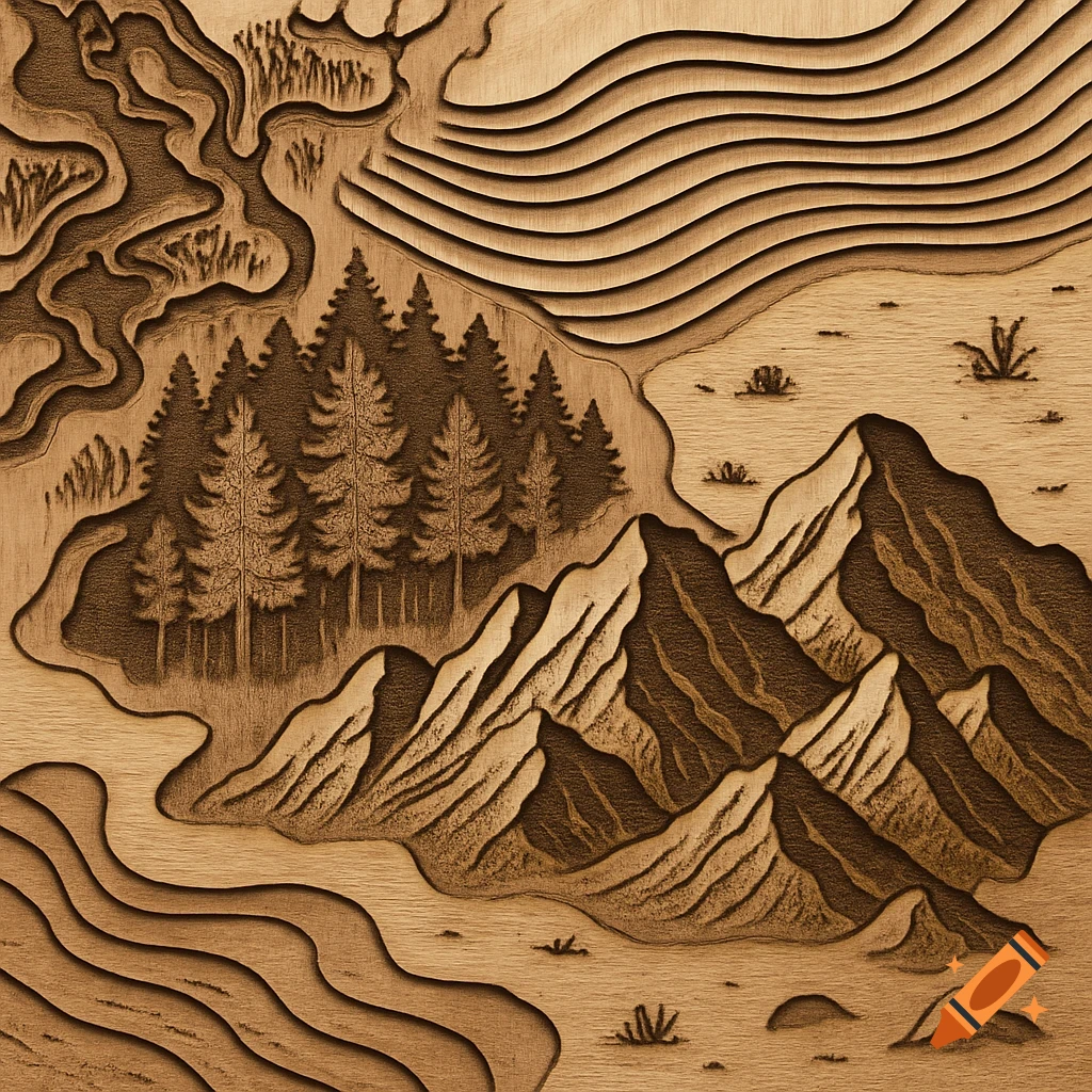 A relief map carved into light wood, depicting mountains, a forest, a river, and fields.