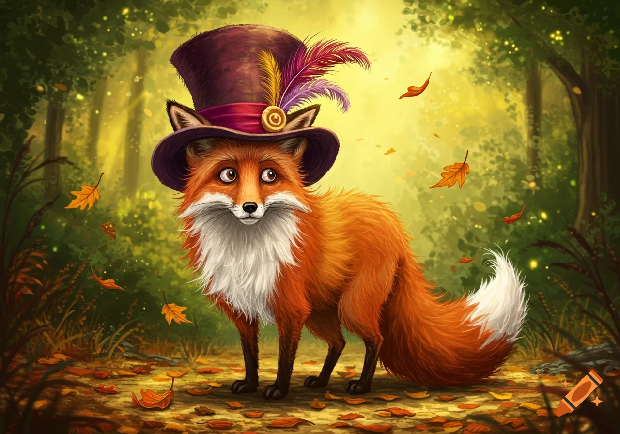 A whimsical, stylized orange fox in a purple top hat with feathers stands in an enchanted autumn forest.