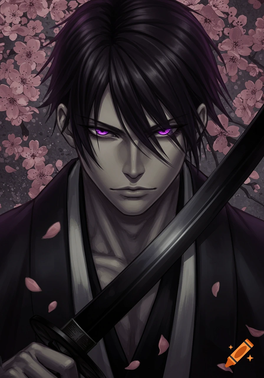 Handsome anime male with black hair and glowing purple eyes, wearing a black haori and holding a katana, against a background of cherry blossoms.