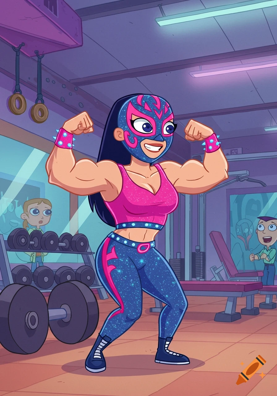 Cartoon female masked wrestler with blue and pink mask and sparkly outfit flexing muscles in a gym.