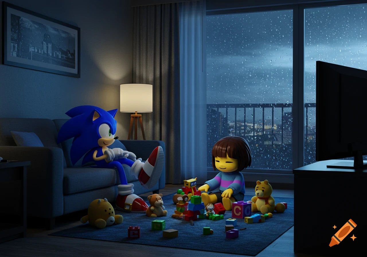 Sonic relaxes on a couch, Frisk plays with colorful blocks on the floor in a cozy hotel room as rain streaks the window.