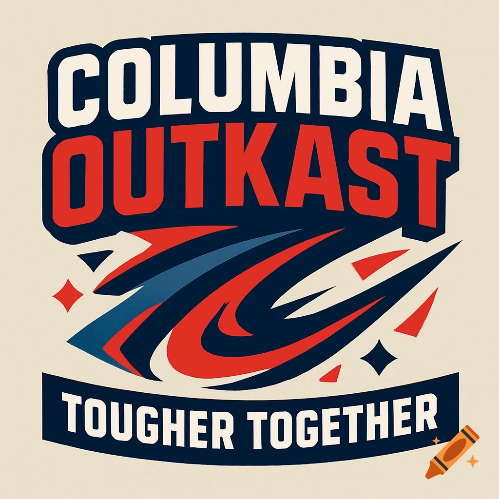 A bold graphic design in red, blue, and white with text 'COLUMBIA OUTKAST' and 'TOUGHER TOGETHER' surrounding a stylized emblem.