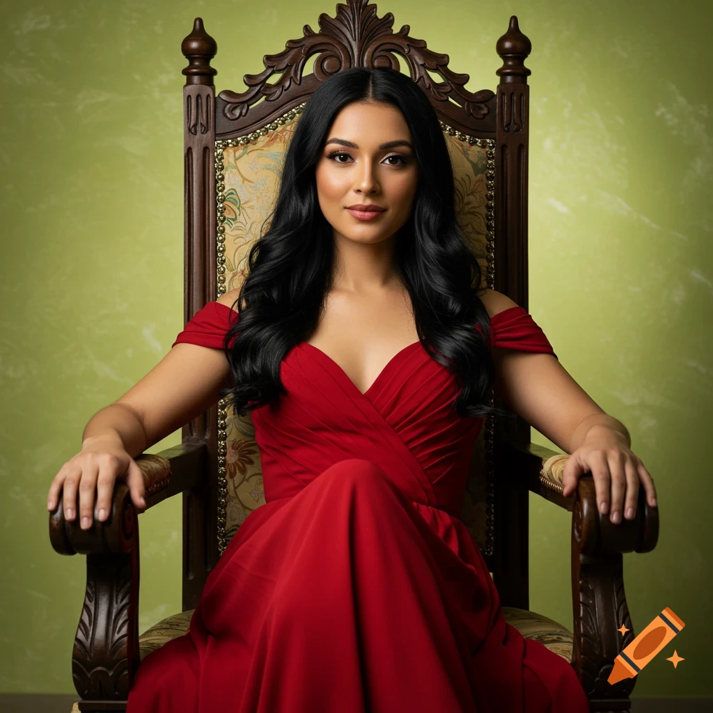 A woman with long black hair in a red off-shoulder gown sits regally on an ornate wooden chair against a lime green background.
