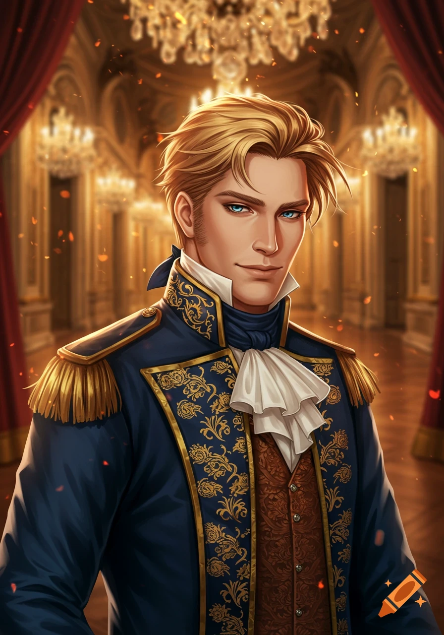 Illustrated portrait of a handsome regency gentleman in a blue and gold uniform, standing in a grand ballroom.