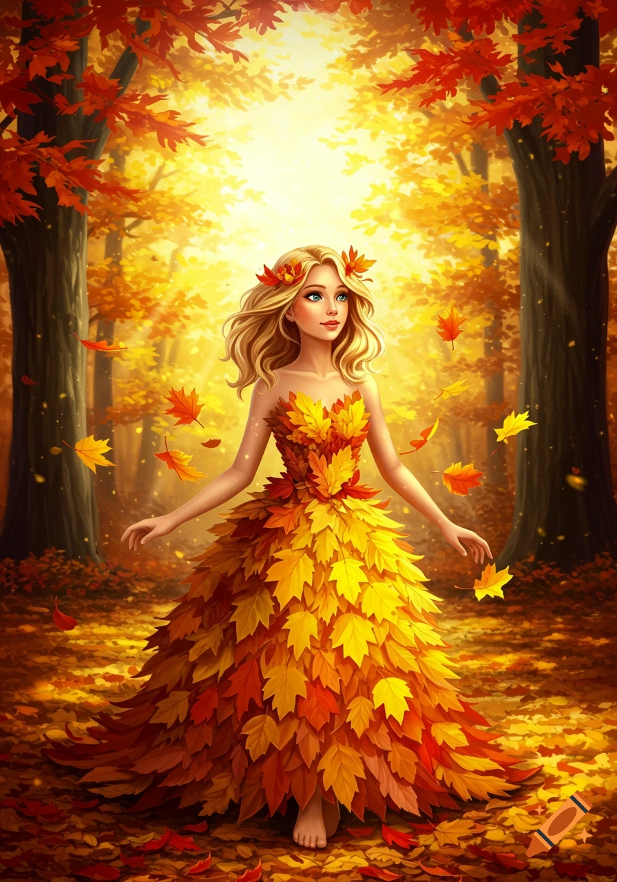 Illustration of a blonde girl in an autumn leaf dress, barefoot in a sunlit forest with falling red and gold leaves.