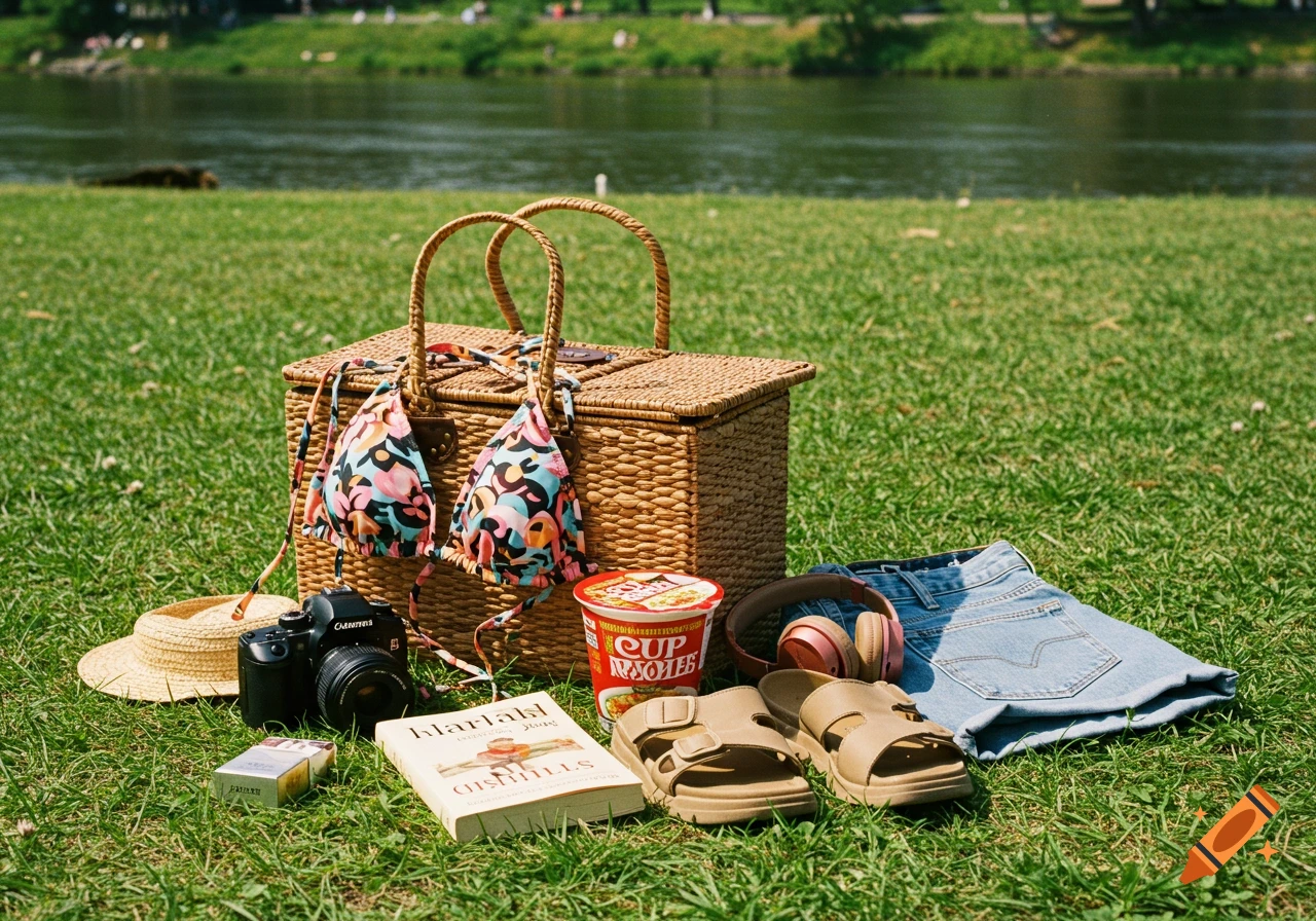 A picnic setup on green grass by a river, featuring a wicker basket with a colorful bikini, a camera, instant noodles, headphones, a book, denim shorts, sandals, and cigarettes.