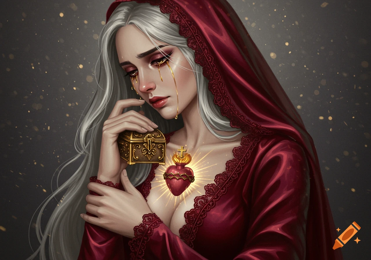 A sad woman with long white hair in a red hooded dress cries golden tears, holding a gold box, with a glowing sacred heart on her chest.