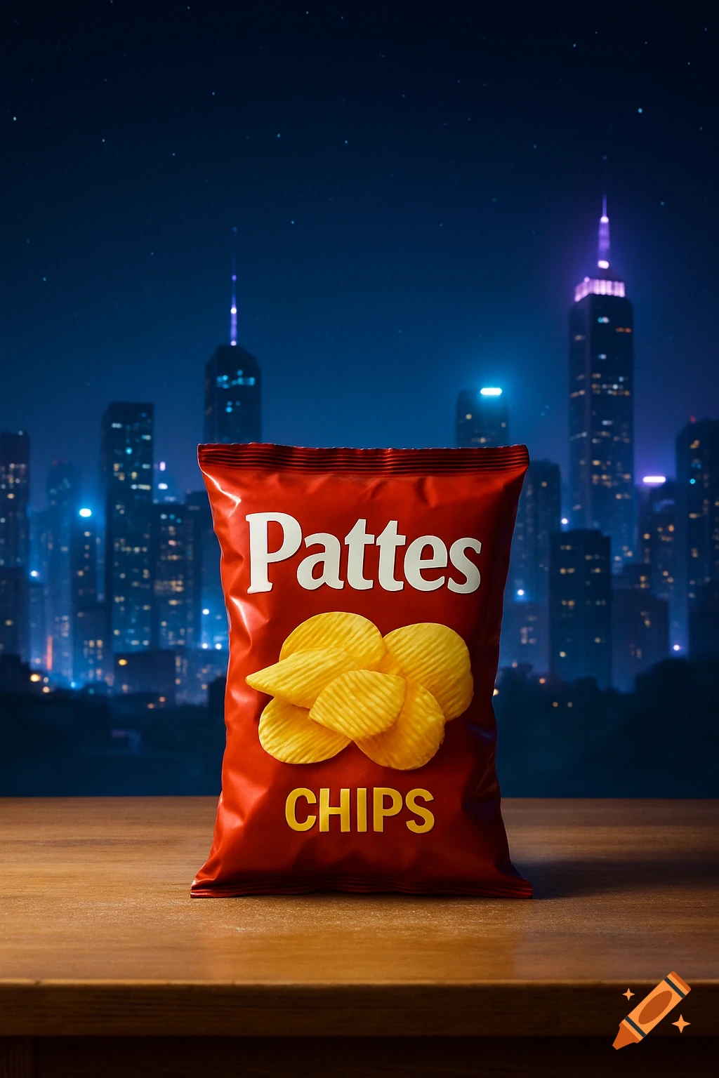A red bag of Pattes CHIPS on a wooden table with a blurred photorealistic night city skyline in the background.