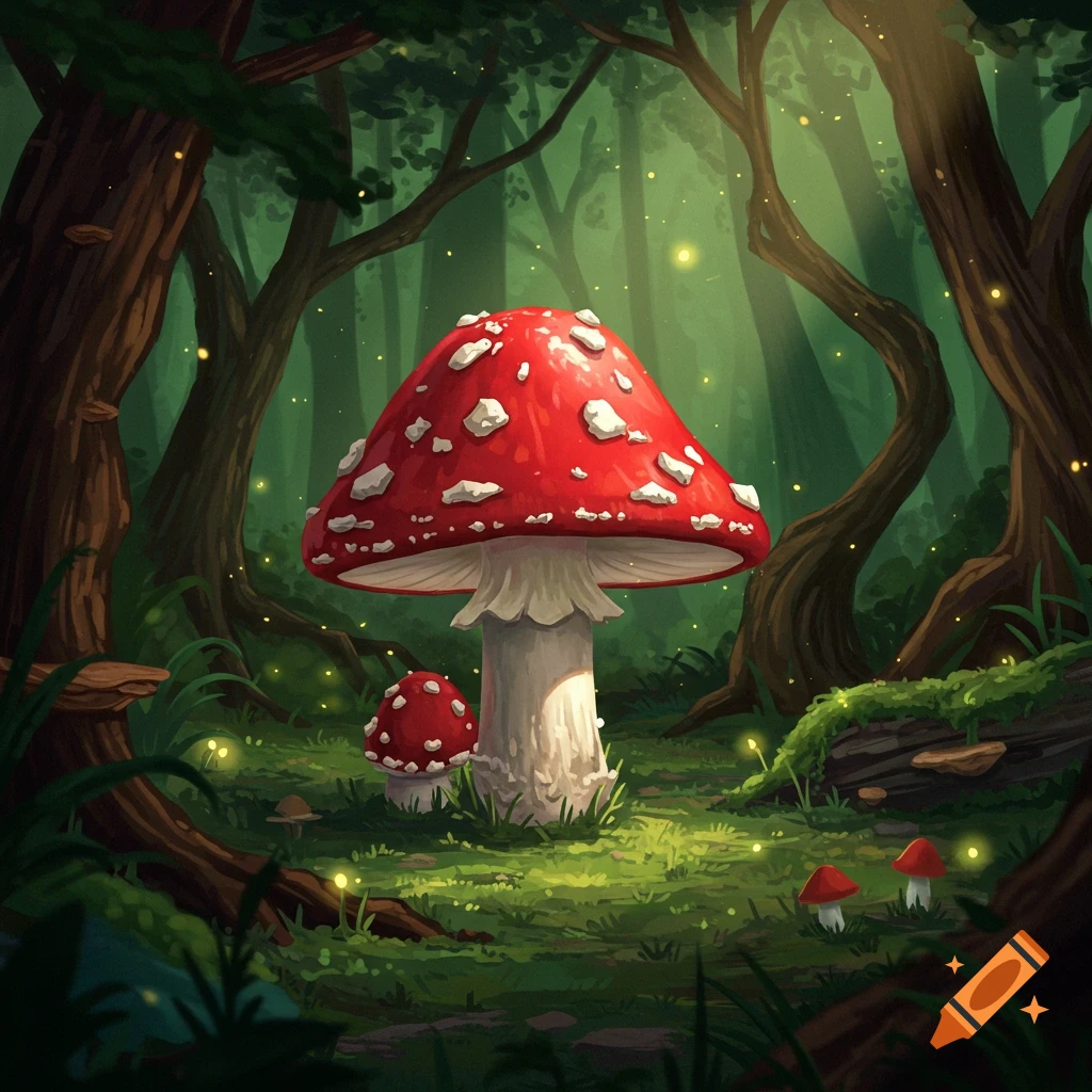 A large, vibrant red and white mushroom surrounded by smaller fungi in an enchanted forest clearing, lit by glowing fireflies and sunbeams.