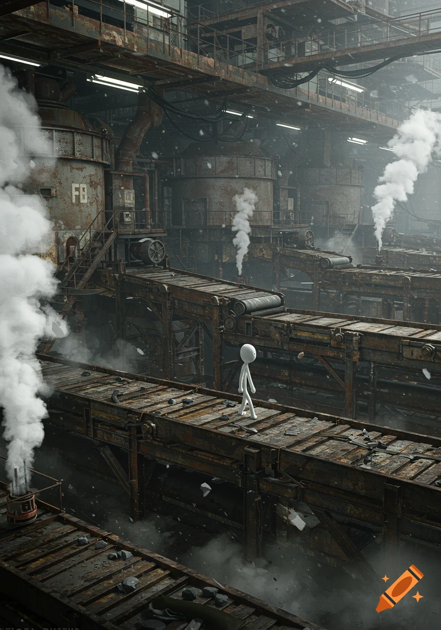 A white stick figure walks on rusty conveyor belts amidst a sprawling, smoky, and dilapidated industrial factory, with snow falling.