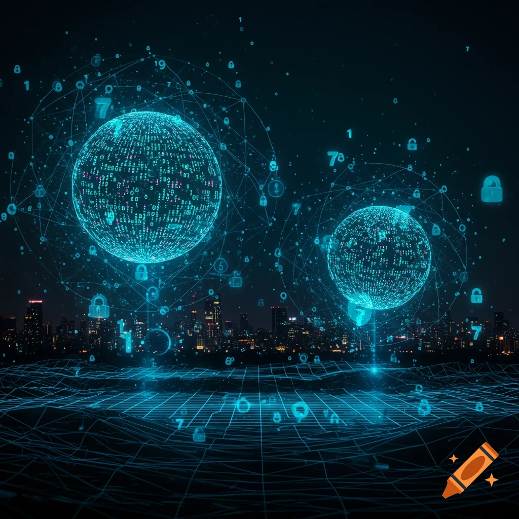 Glowing blue spheres of data and network connections hover above a city skyline, with numbers and padlocks symbolizing cybersecurity.