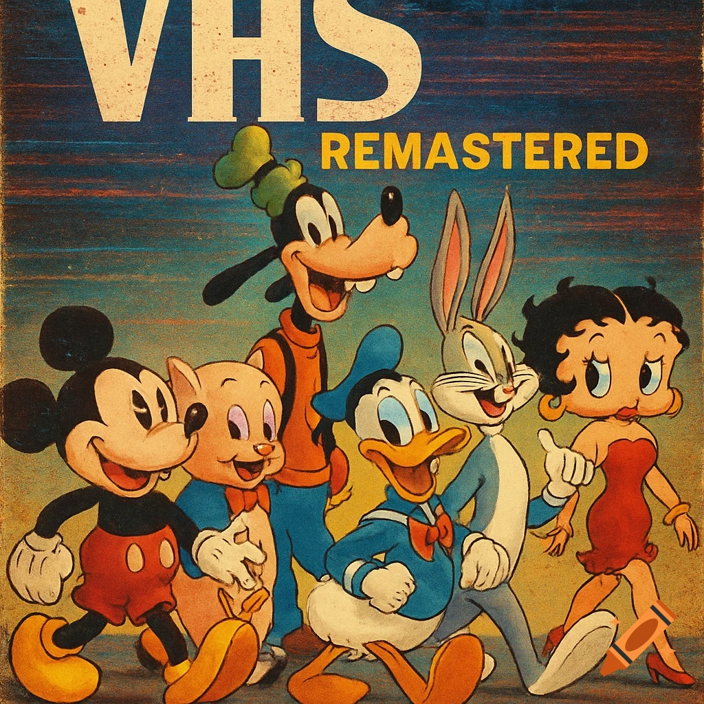 Classic cartoon characters Mickey Mouse, Goofy, Porky Pig, Donald Duck, Bugs Bunny, and Betty Boop walk together on a vintage VHS remastered cover.