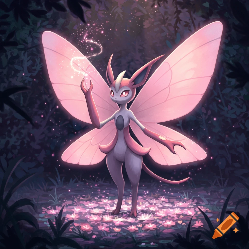A pink-winged fairy-type creature with glowing eyes stands amidst glowing pink flowers in a dark, magical forest.
