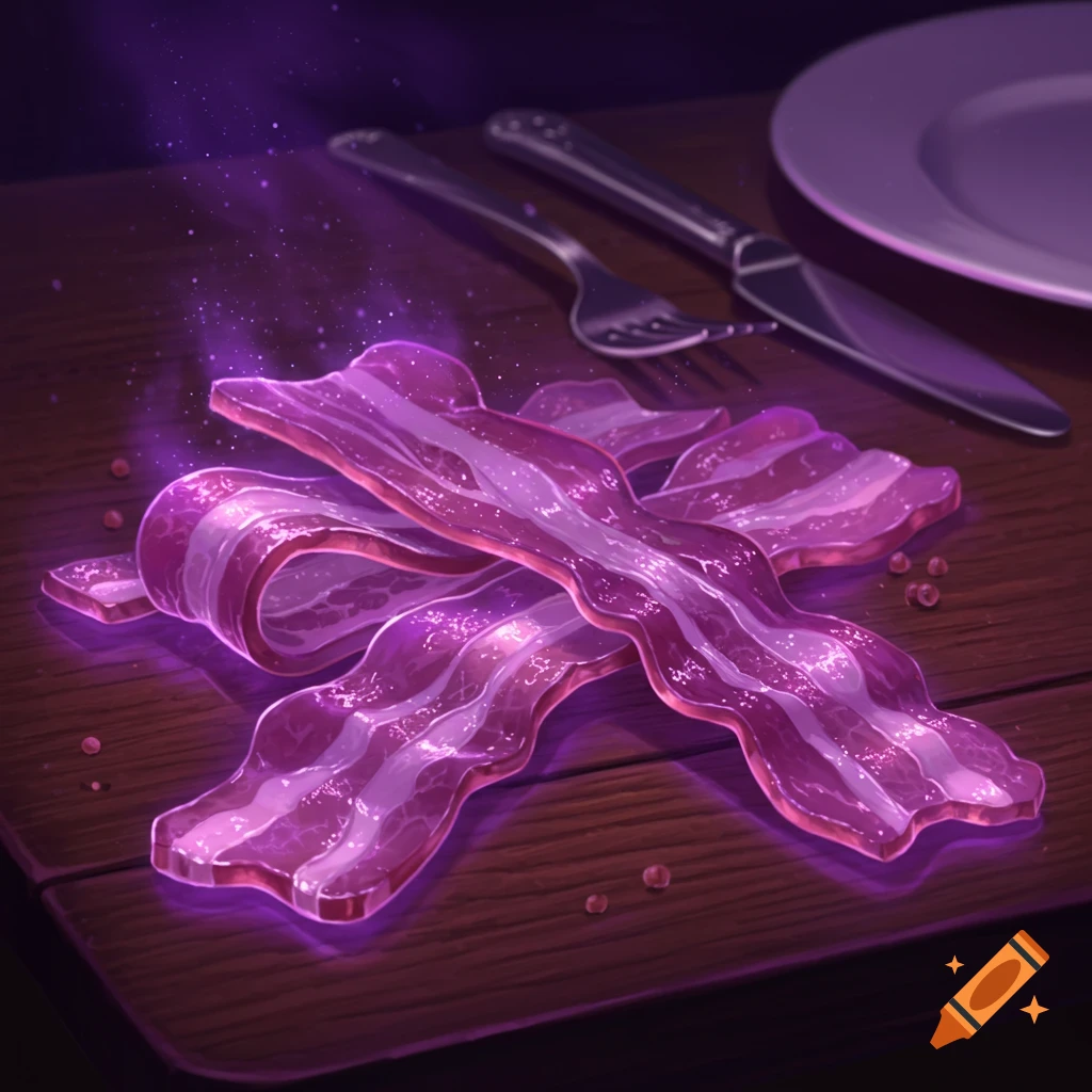 Stylized glowing purple bacon strips on a dark wooden table, with a knife, fork, and plate in the background.