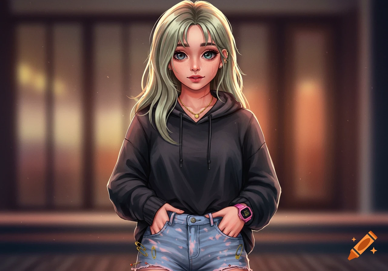 Anime-style girl with long light green hair, wearing a black hoodie and ripped denim shorts, hands in pockets.