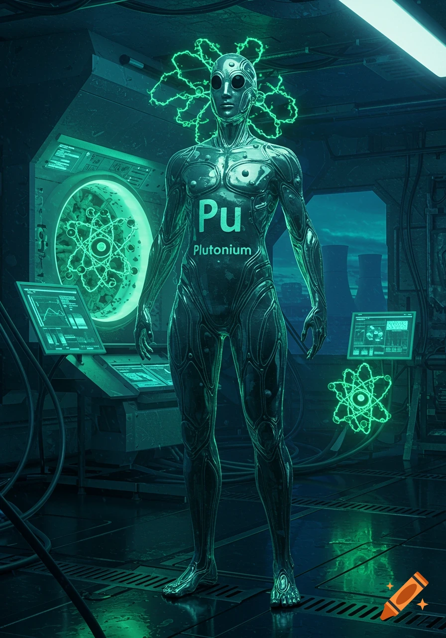 A metallic humanoid figure, representing Plutonium, stands in a futuristic laboratory with glowing green scientific equipment and atom symbols.