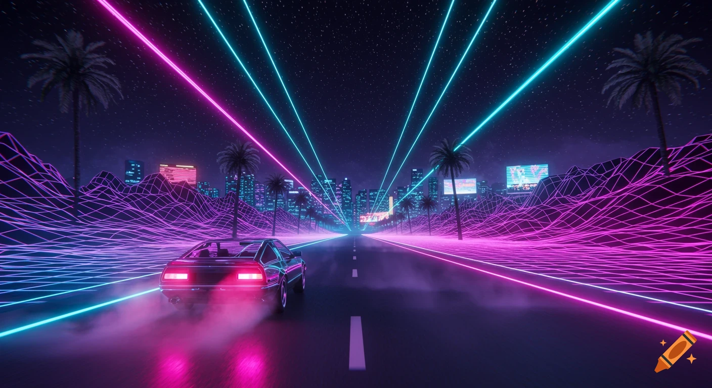 A retro-futuristic car drives down a neon-lit highway at night, flanked by glowing grid mountains and palm trees under a star-filled sky.