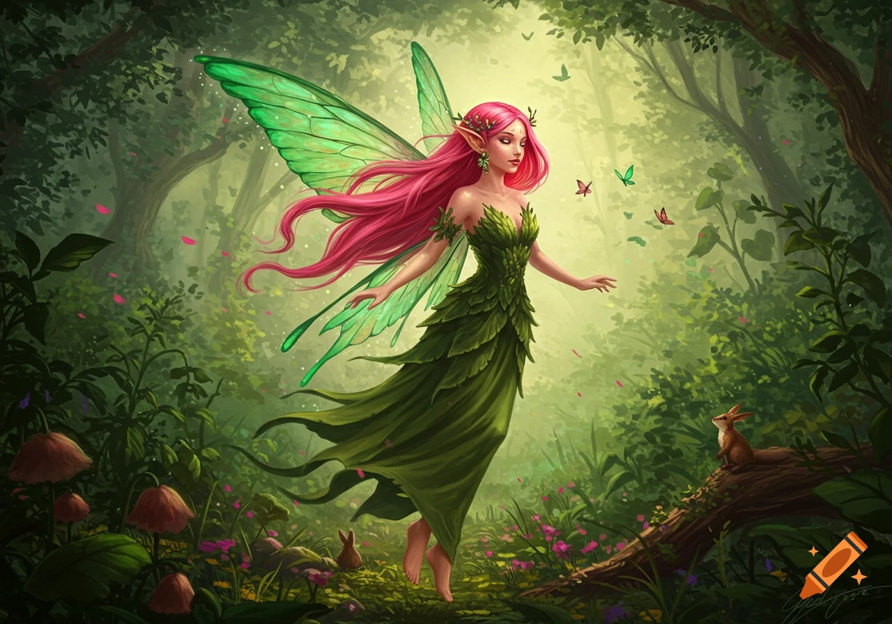 A vibrant digital illustration of a pink-haired fairy with green wings and a leaf dress in a lush forest with butterflies.