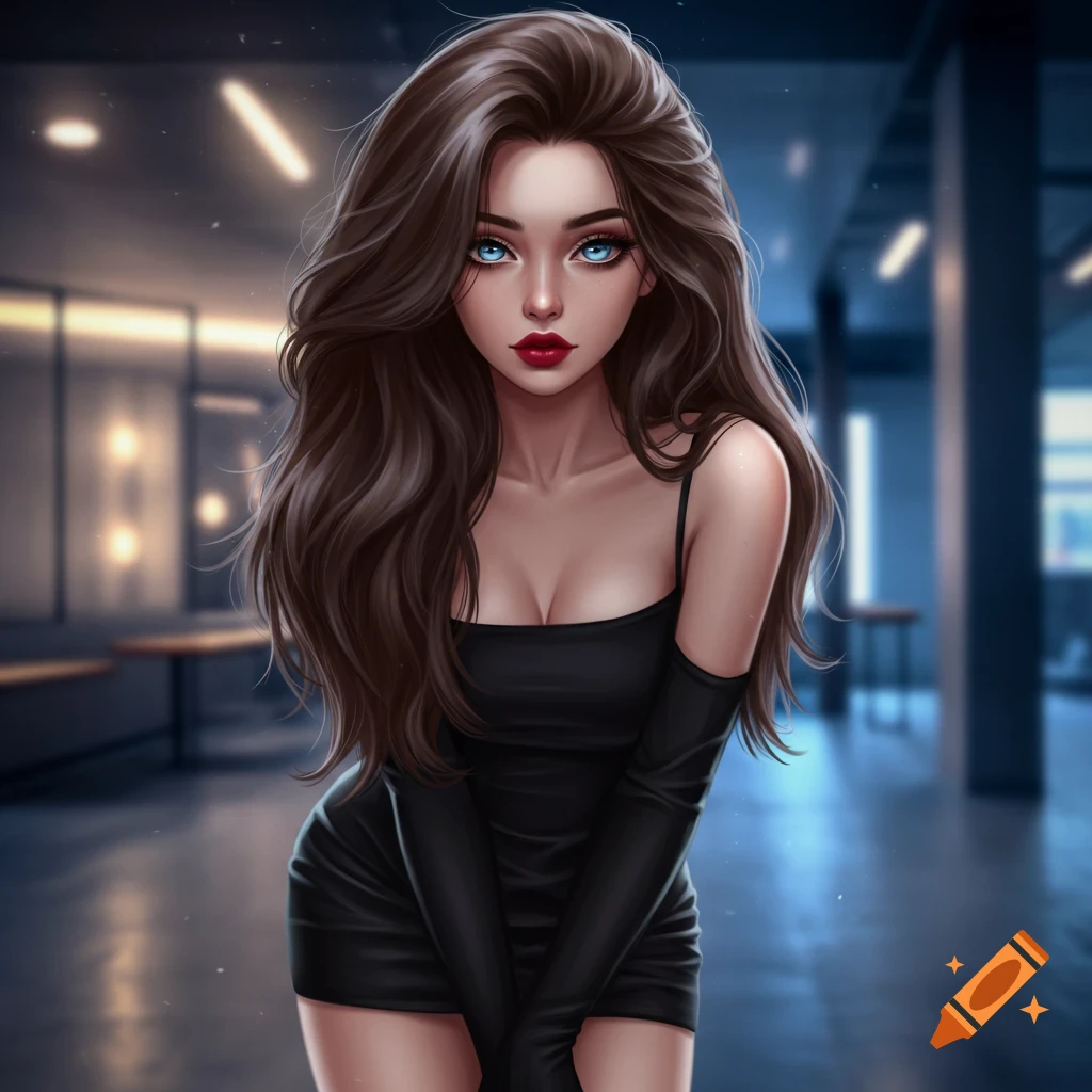 An anime girl with long brown hair, blue eyes, and red lips, wearing a black mini dress and gloves in a dimly lit setting.
