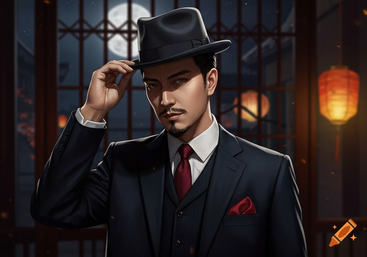 Stylized digital art portrait of a man in a dark suit, red tie, and black fedora, tipping his hat at night with a full moon and lanterns in the background.