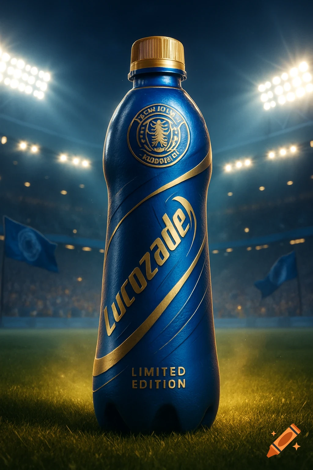A blue Lucozade bottle with gold lettering and a gold cap, set on a football field with stadium lights and flags in the background.