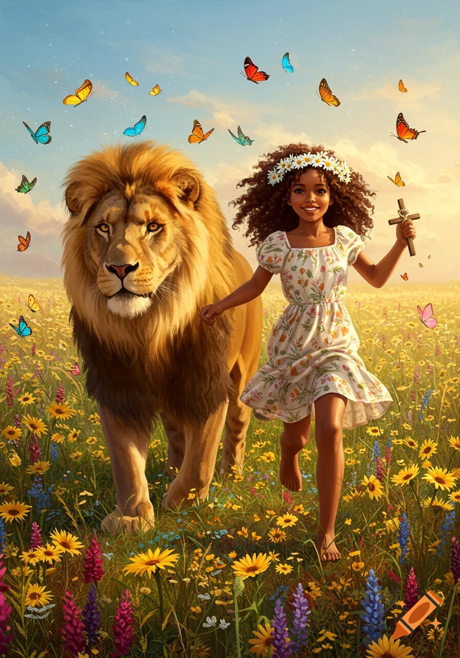 A joyful mixed-race girl in a daisy crown holding a cross runs beside a lion through a vibrant wildflower field with butterflies.