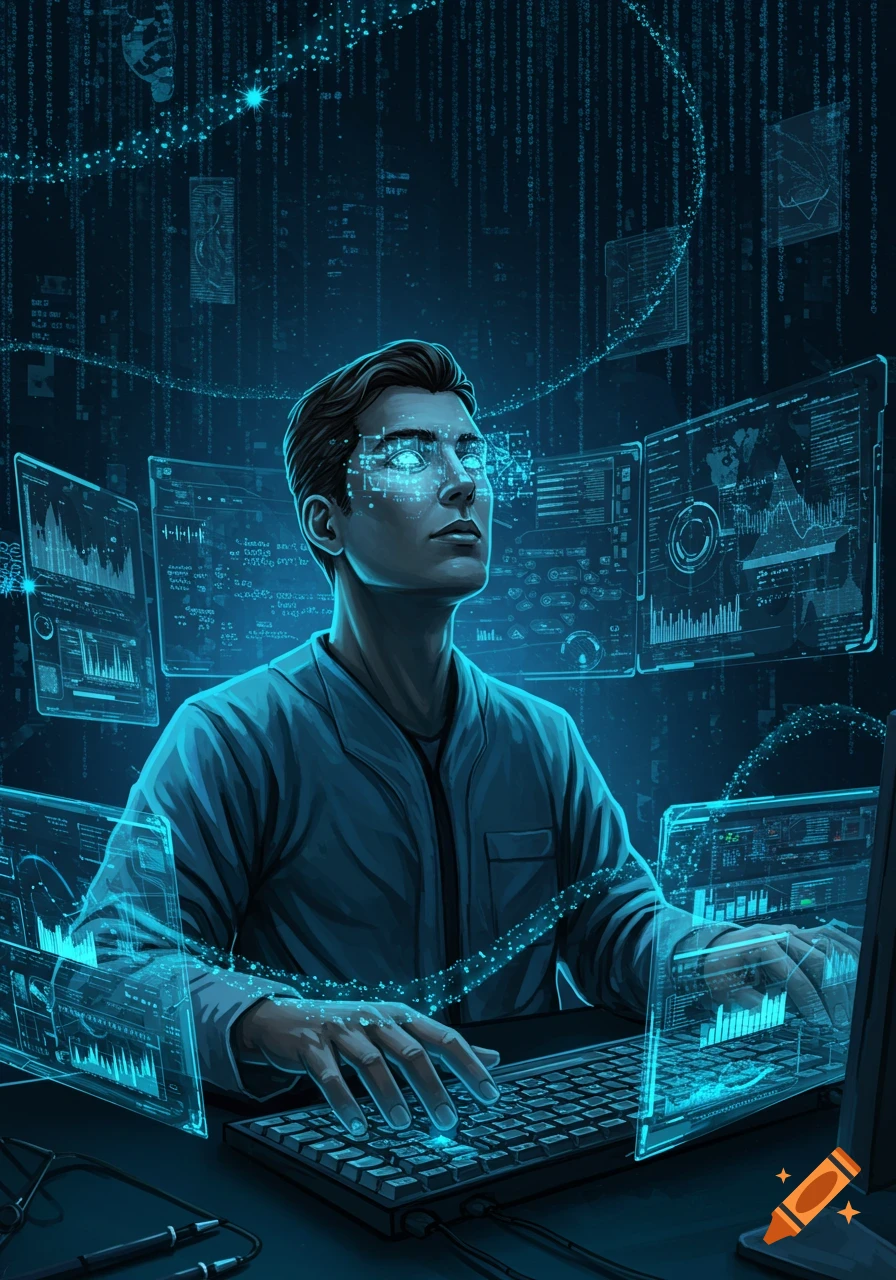Digital art of a man with glowing eyes surrounded by holographic data screens, typing on a keyboard in a dark, futuristic tech setting.