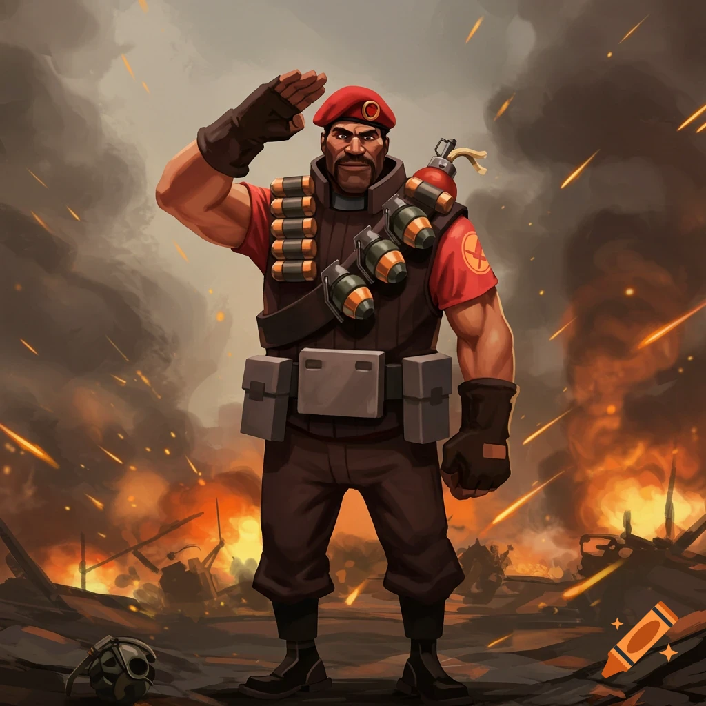 The Demoman from Team Fortress 2 salutes in a stylized, fiery battlefield with smoke and explosions.