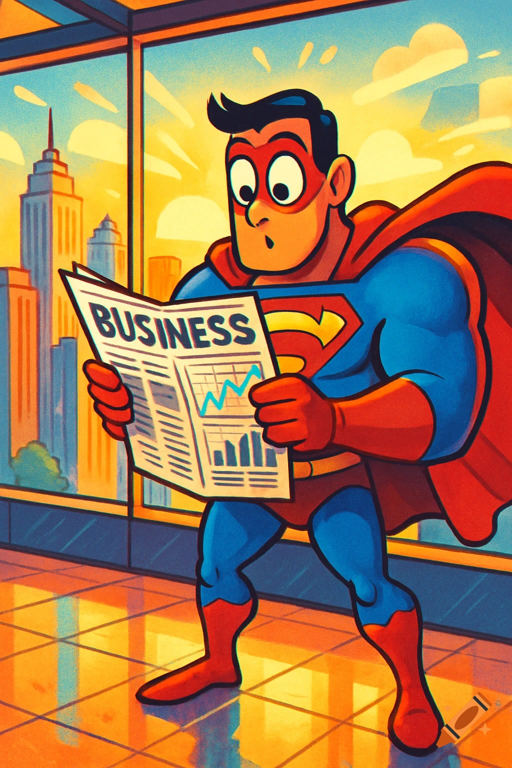 A cartoon superhero resembling Superman reads a business newspaper, looking surprised, against a city skyline visible through a window.
