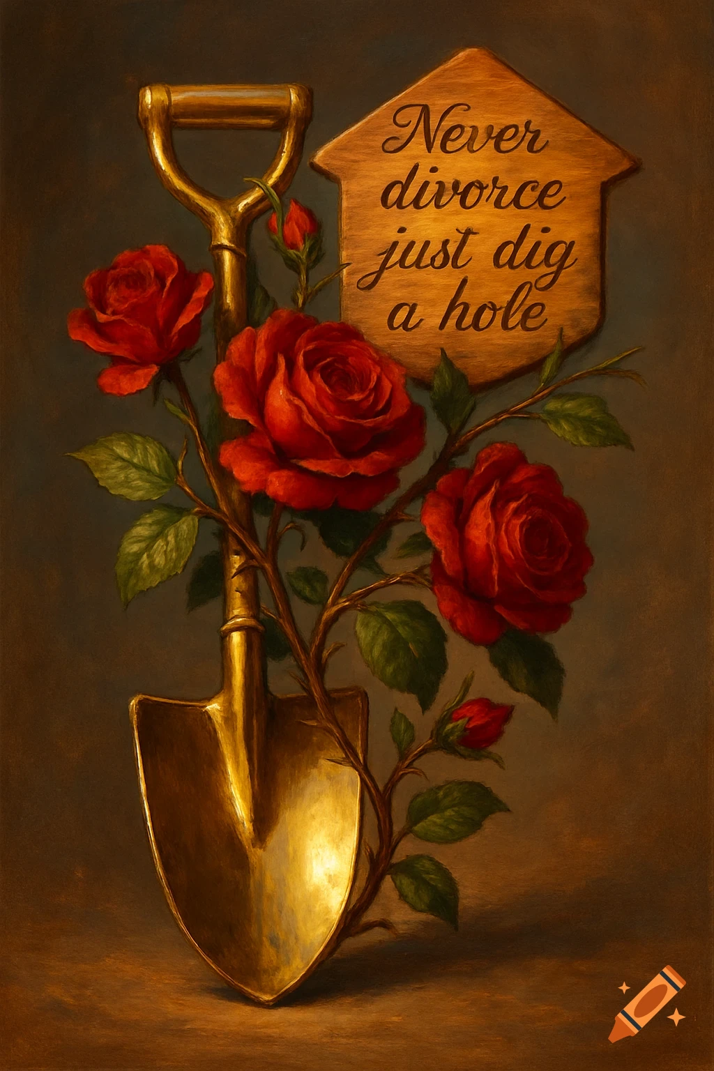 Detailed painting of a golden shovel with red roses, and a wooden sign saying 'Never divorce just dig a hole'.