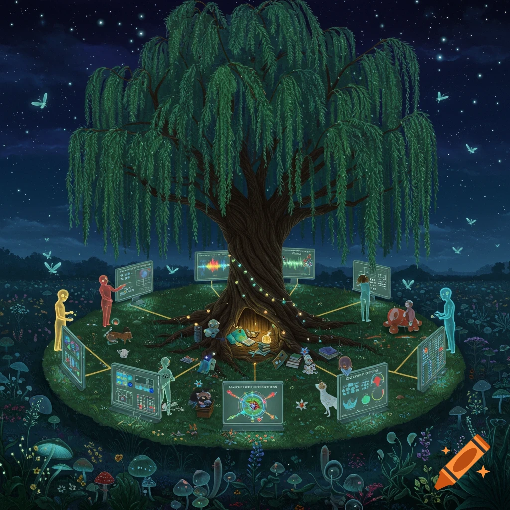 A surreal painting of a massive weeping willow tree at night, surrounded by glowing figures interacting with control panels. Animals, glowing mushrooms, and plants populate the whimsical landscape under a starry sky.