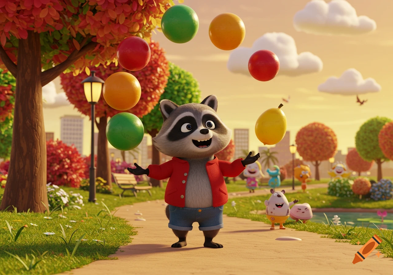 A cute 3D cartoon raccoon in a red jacket and blue shorts juggles colorful balls in a sunny park with other characters.