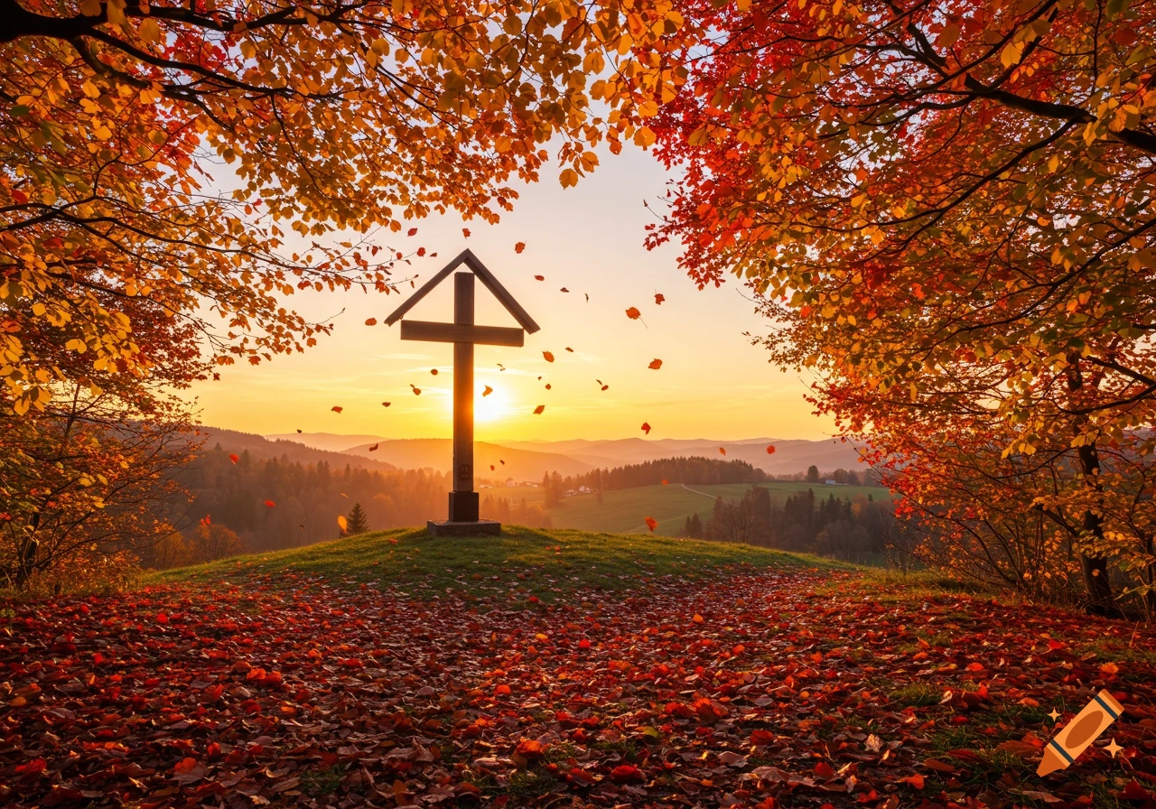 A wooden cross on a grassy hill overlooking a valley, surrounded by vibrant red and orange autumn leaves at sunset.