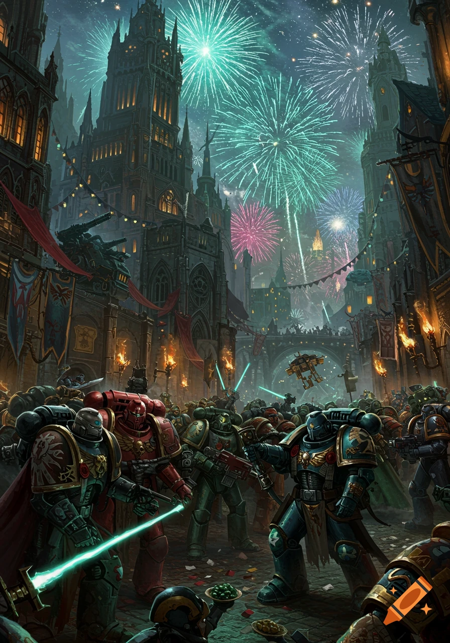 Warhammer 40K Space Marines in a gothic city celebrating with fireworks exploding in the night sky.