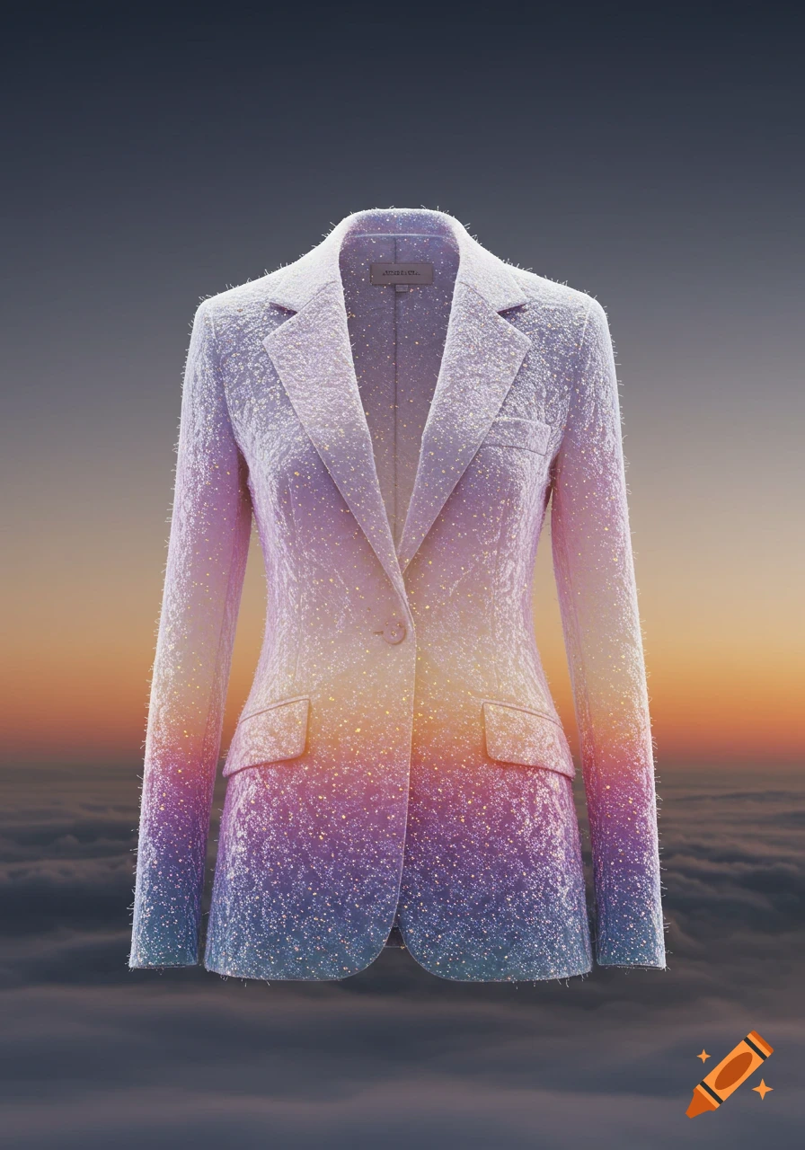 A sparkling, ombré blazer in purple, pink, and blue, floating above clouds at sunset.