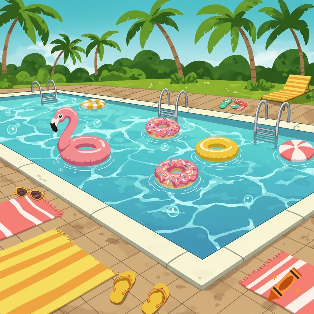 A vibrant cartoon illustration of a swimming pool with a flamingo float, donut floats, and yellow float, surrounded by palm trees.