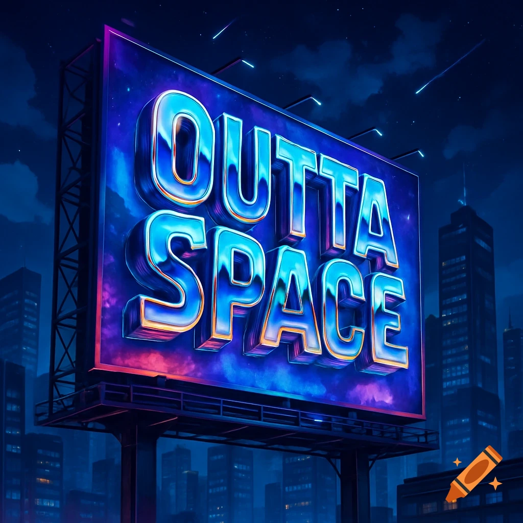A vibrant billboard in a dark city skyline displays "OUTTA SPACE" in metallic, glowing letters, with shooting stars above.