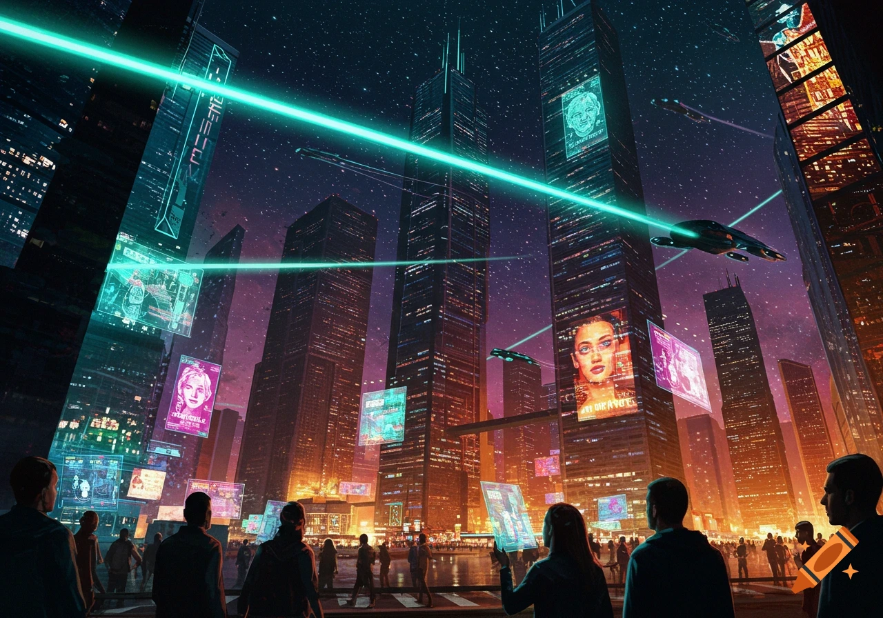 A futuristic city at night with towering skyscrapers, glowing holographic displays, flying vehicles, and people on the street.