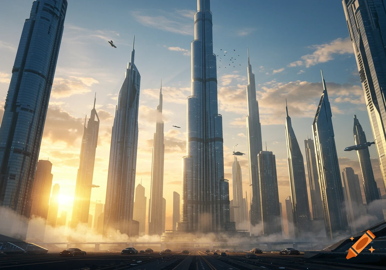 Photorealistic futuristic city at sunset with towering skyscrapers, flying vehicles, and hazy clouds.