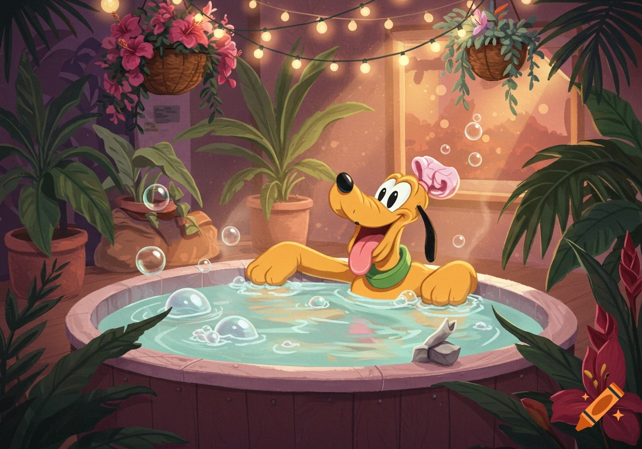 Vibrant cartoon illustration of Disney's Pluto happily relaxing in a hot tub surrounded by lush plants and string lights.