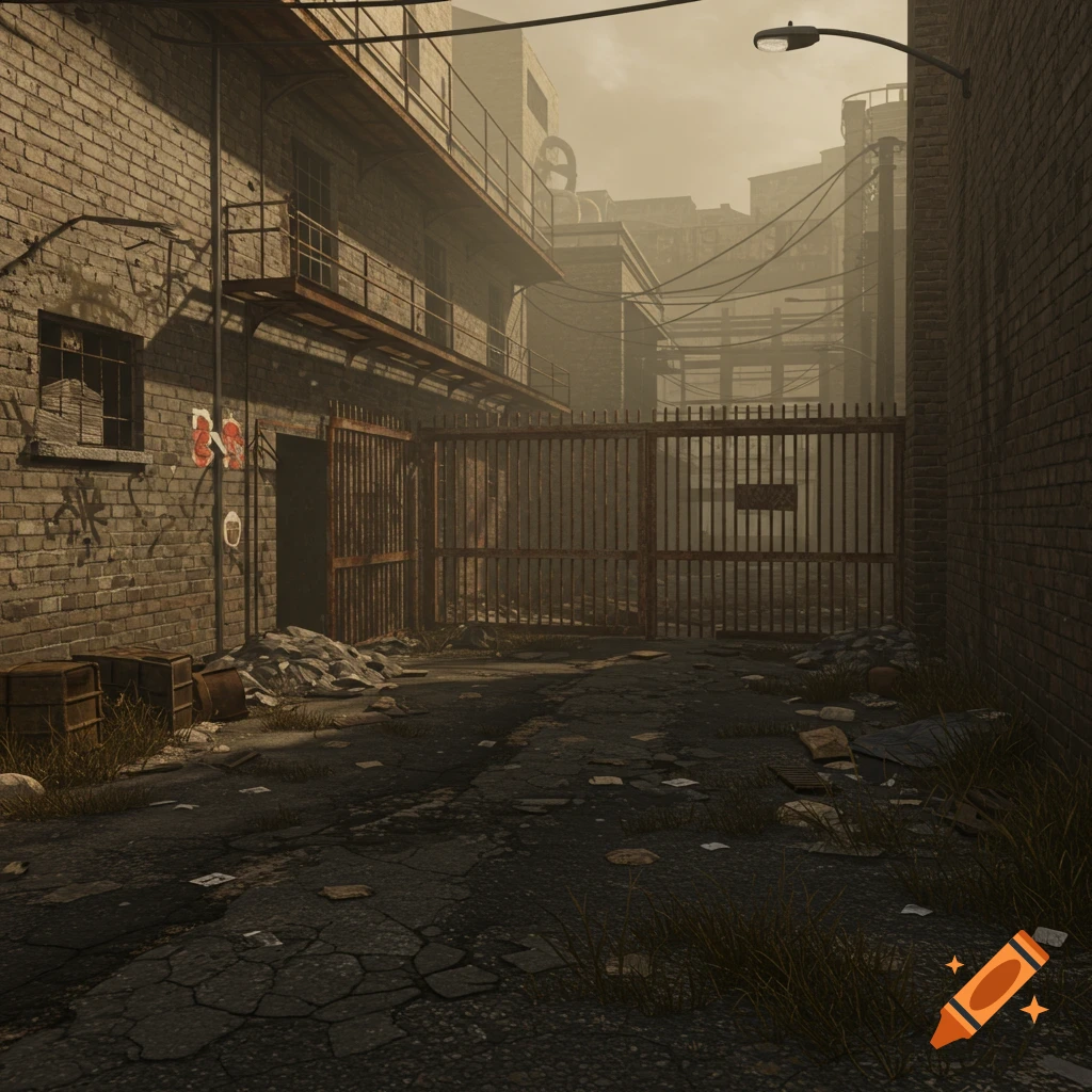 An abandoned, rundown industrial alley with brick buildings, a closed metal gate, and debris on the ground, rendered in PS2-style graphics.