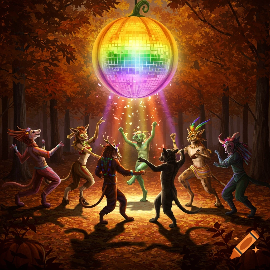 Anthropomorphic animal-human creatures dance under a glowing rainbow pumpkin disco ball in an autumn forest.