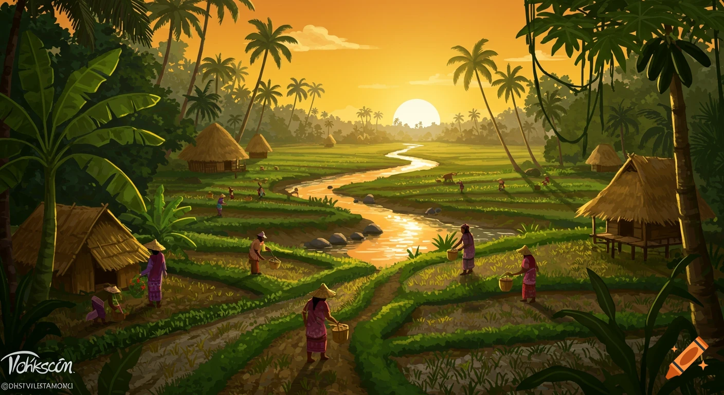 A vibrant cartoon-style image of a tropical river valley at sunset, with farmers working in terraced rice paddies, straw huts, and abundant palm trees.
