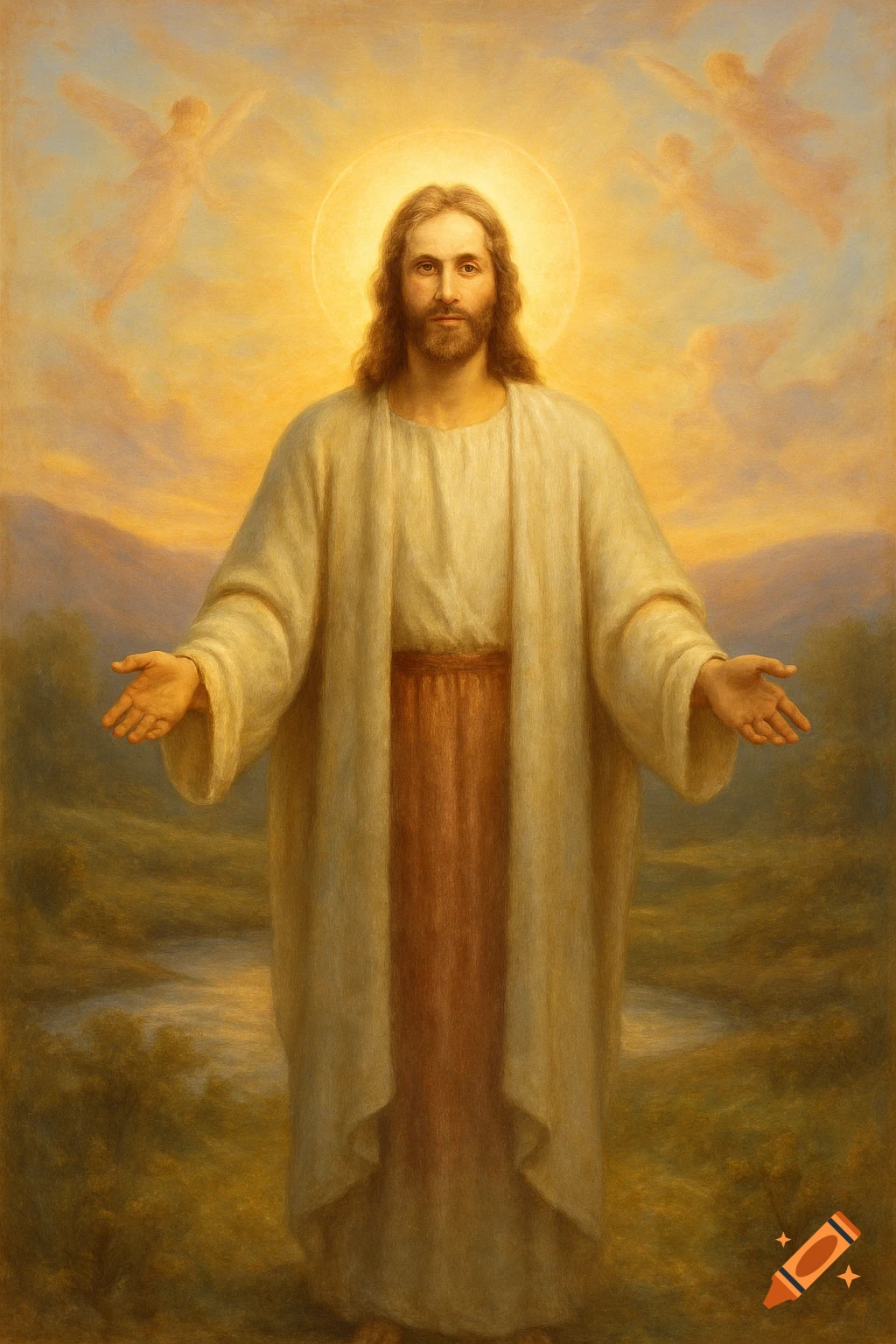 Jesus Christ with outstretched arms and a halo, surrounded by angels in a golden, painterly landscape.