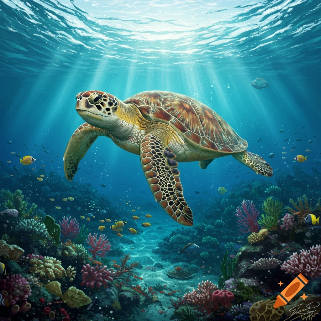 A colorful sea turtle swims over a vibrant coral reef with many small fish and sunbeams piercing the clear blue water.