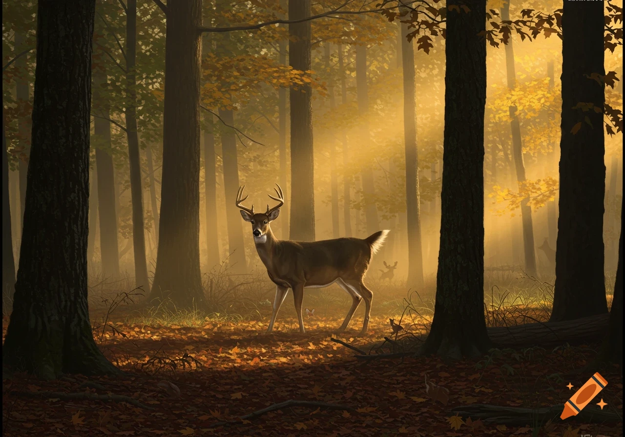 A photorealistic image of a white-tailed deer standing in a sunlit autumn forest with fallen leaves on the ground.